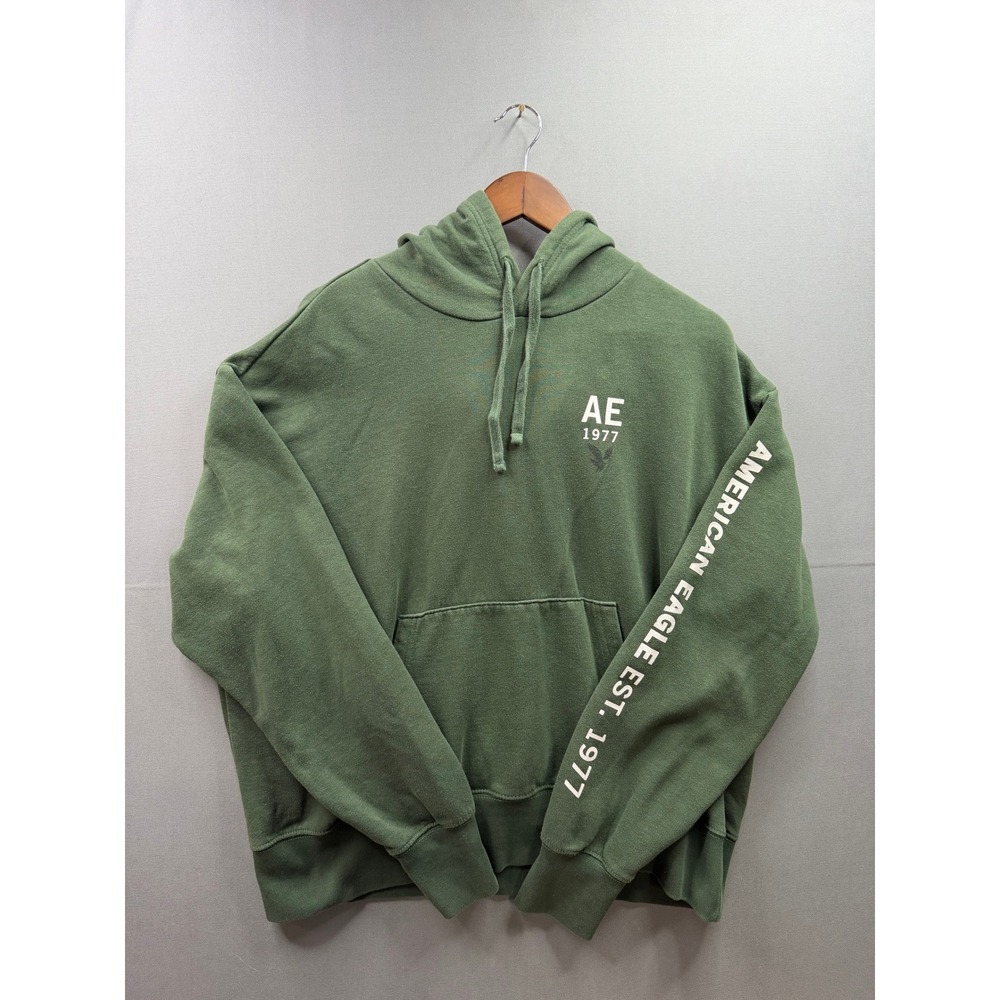 American Eagle Hoodie Mens Green Graphic Sleeve Logo Pullover Medium